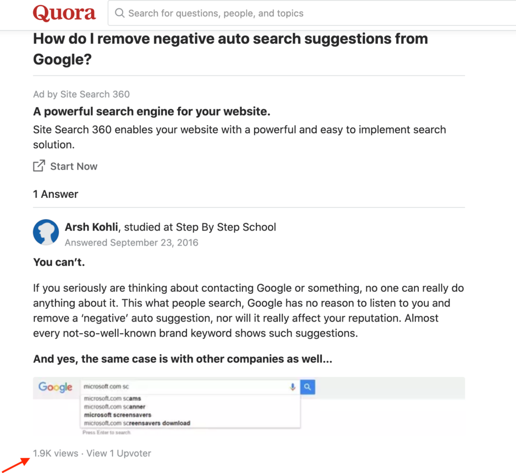 Quora search result with 1k + views & 1 upvote